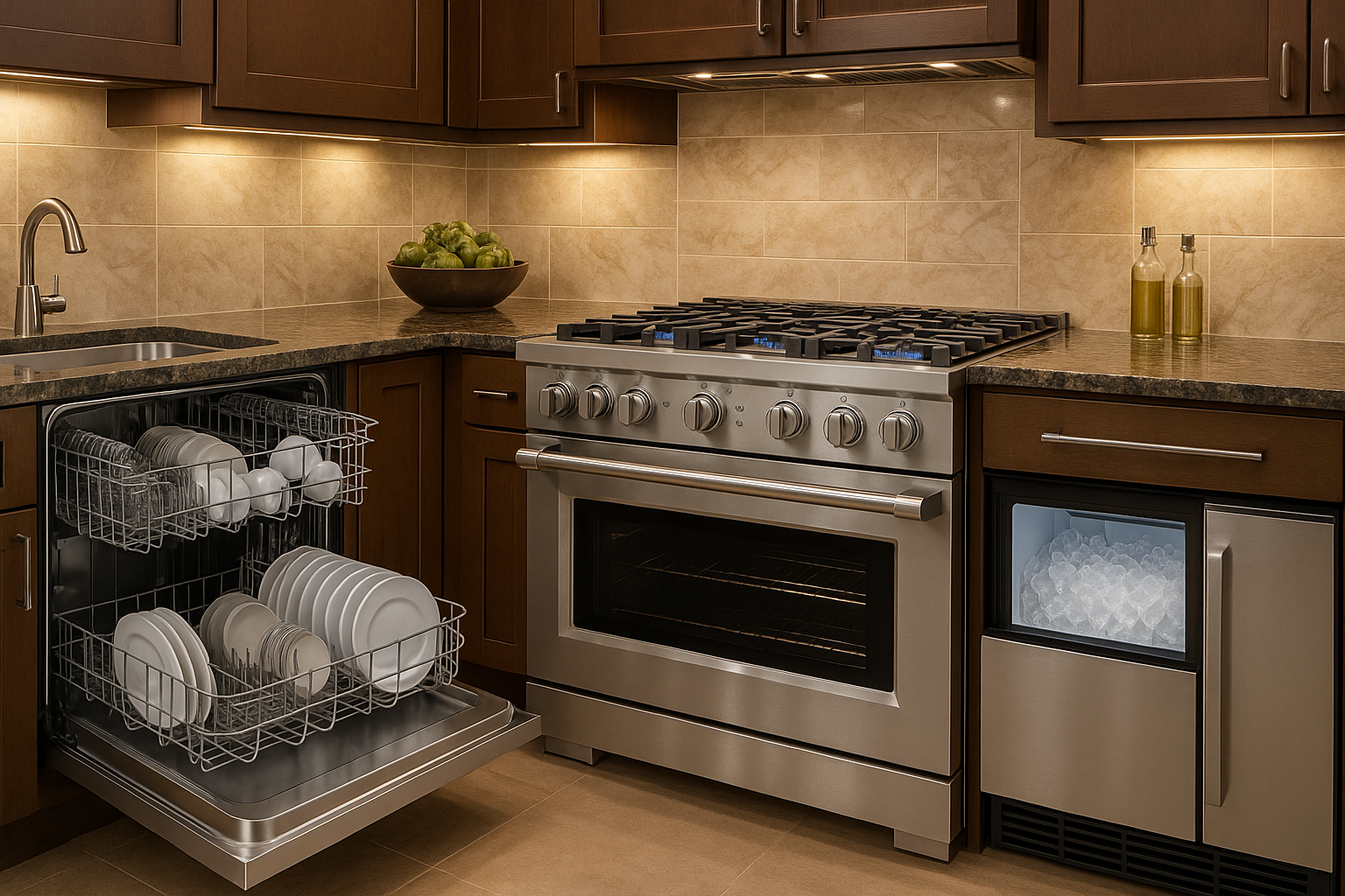 Modern kitchen with dishwasher, range, and ice maker in one luxurious setting